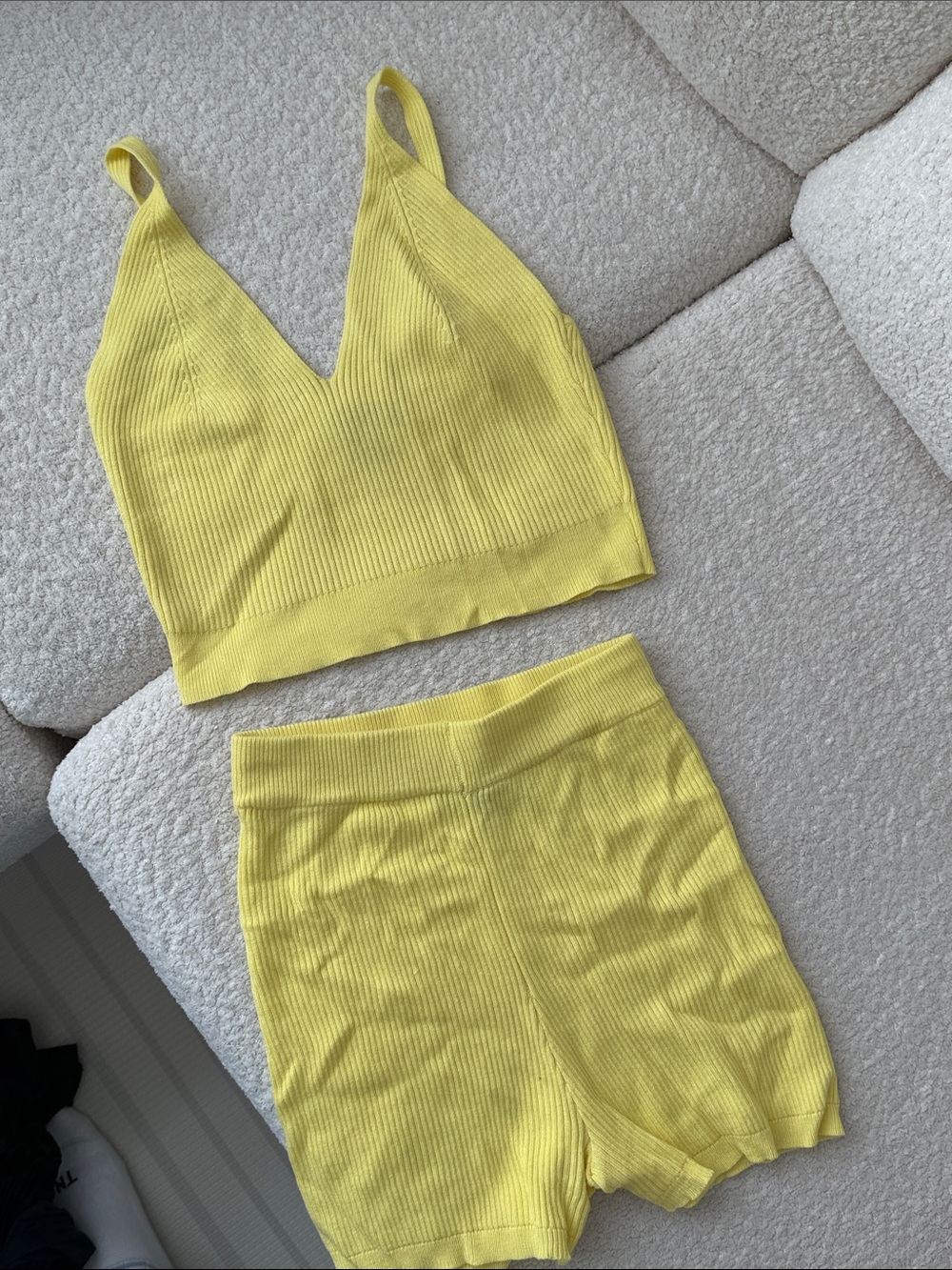 PrettyLittleThing Yellow Ribbed Knit Crop Top & Shorts Set